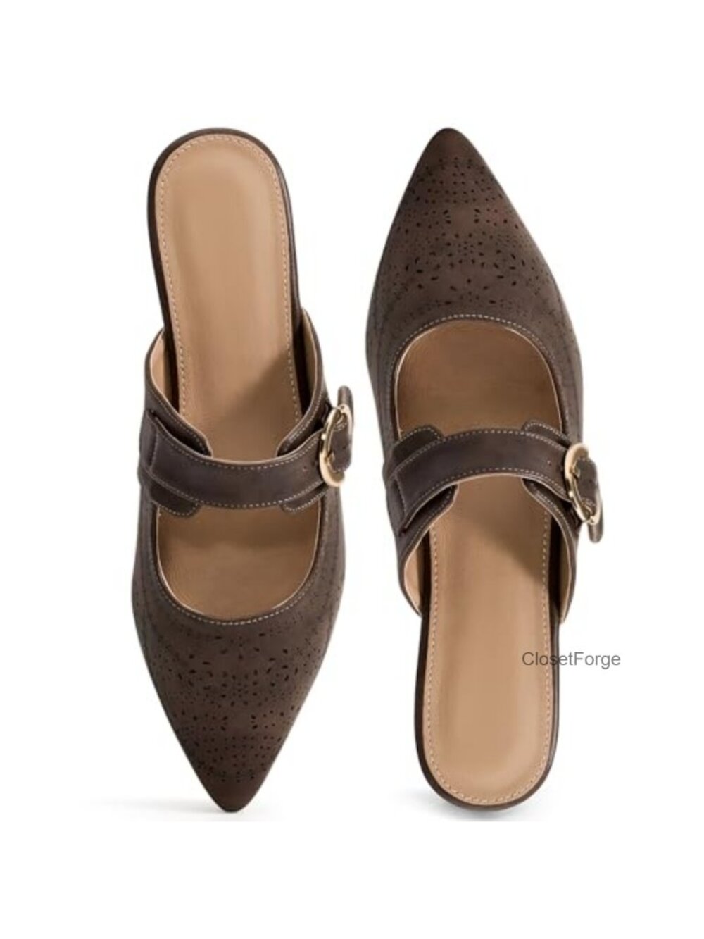 Women's Adjustable Strap Slip On Mules Memory Foam Pointed Toe Flat Shoes